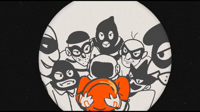 A circular black and white sticker or illustration showing a group of masked characters in black and one red character at the bottom.