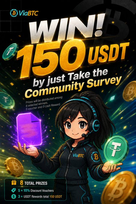 A promotional graphic by ViaBTC featuring a cartoon character holding a purple gem and cryptocurrency coins, advertising a giveaway of 150 USDT (split as 3 USDT rewards) and 5×10% discount vouchers (8 total prizes) for participants who complete their community survey.