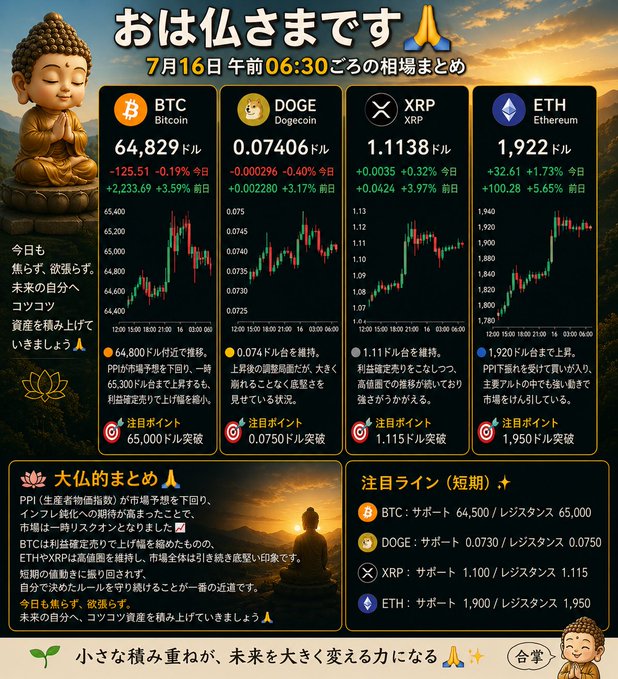 A Japanese cryptocurrency market summary titled 'おは仏さまです' dated 7月16日 午前06:30, showing prices for BTC ($64,829), DOGE ($0.07406), XRP ($1.1138), and ETH ($1,922) with charts and forecasts, featuring a Buddha illustration.