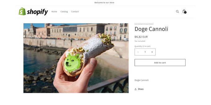 A Shopify product page for "Doge Cannoli" priced at 06,82 EUR, showing a cannoli with a Doge dog face icon held up against a coastal town backdrop.