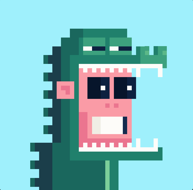 A pixel art style image of a green dinosaur head with its mouth open, revealing a pink interior, blue sunglasses, and a red square on its side.
