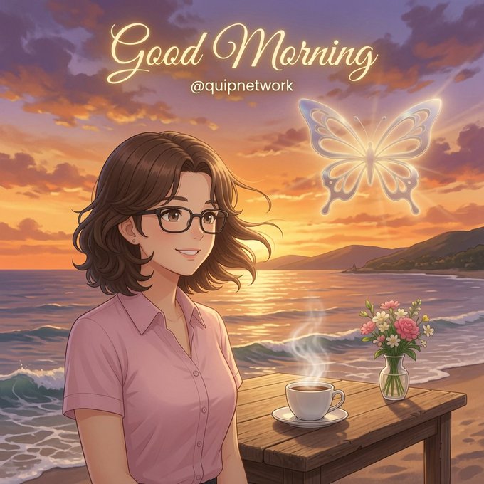 A serene anime-style woman with glasses enjoys a steaming cup of coffee at a seaside table beside a vase of flowers, with a glowing butterfly and sunset ocean backdrop, while "Good Morning @quipnetwork" is written in elegant script—mirroring the post's optimistic tone of starting a new day with Quip Network's forward-thinking, cross-chain infrastructure vision.