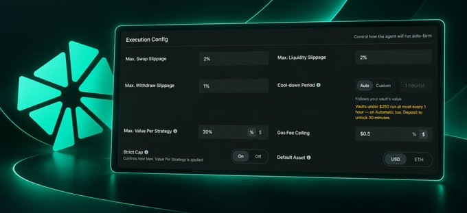 An 'Execution Config' settings panel with a green geometric logo, showing parameters like Max Swap Slippage (2%), Max Liquidity Slippage (2%), Max Withdraw Slippage (1%), Max Value Per Strategy (30%), and Gas Fee Ceiling ($0.5).