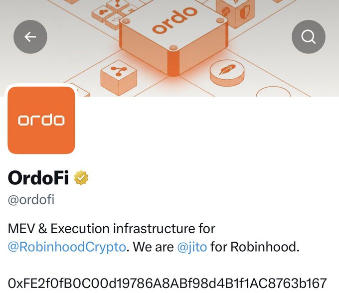 A Twitter/X profile page for 'OrdoFi (@ordofi)' described as 'MEV & Execution infrastructure for @RobinhoodCrypto. We are @jito for Robinhood,' with wallet address '0xFE2f0fB0C00d19786A8ABf98d4B1f1AC8763b167' and an isometric 'ordo' banner.