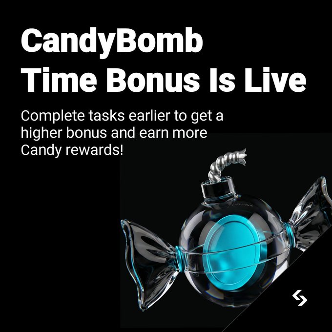 Promotional graphic announcing 'CandyBomb Time Bonus Is Live' with text 'Complete tasks earlier to get a higher bonus and earn more Candy rewards!' alongside an image of a candy-shaped bomb wrapped in dark metallic foil.