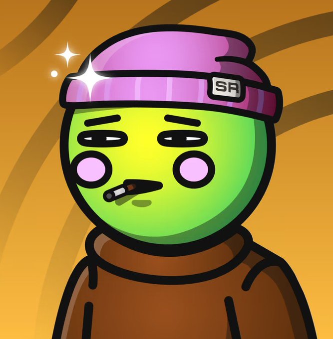 Cartoon illustration of a green-faced character with half-closed eyes, pink cheeks, a cigarette in mouth, wearing a pink beanie labeled 'SR' and a brown hoodie.