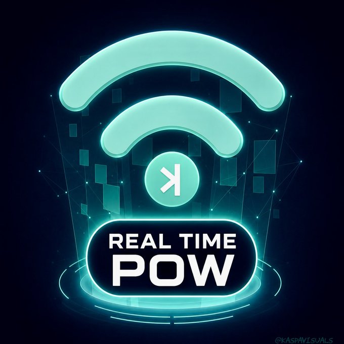 Neon-style digital graphic with a teal WiFi symbol above a 'K' logo, with the text 'REAL TIME POW' displayed on a glowing black button.