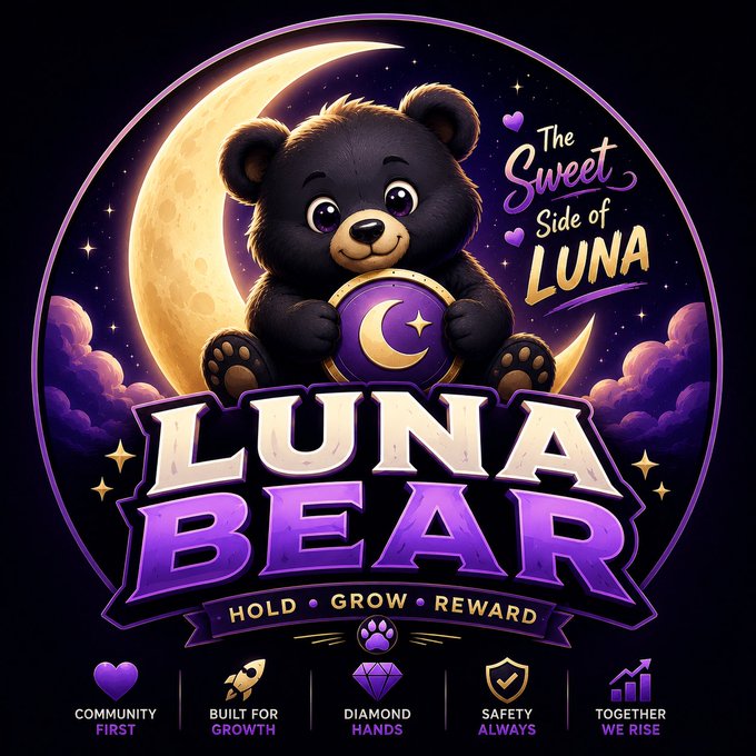 A circular logo featuring a cute black bear holding a crescent moon emblem, with the text 'LUNA BEAR', 'The Sweet Side of Luna', and 'HOLD • GROW • REWARD' alongside values like Community First, Built for Growth, Diamond Hands, Safety Always, and Together We Rise.