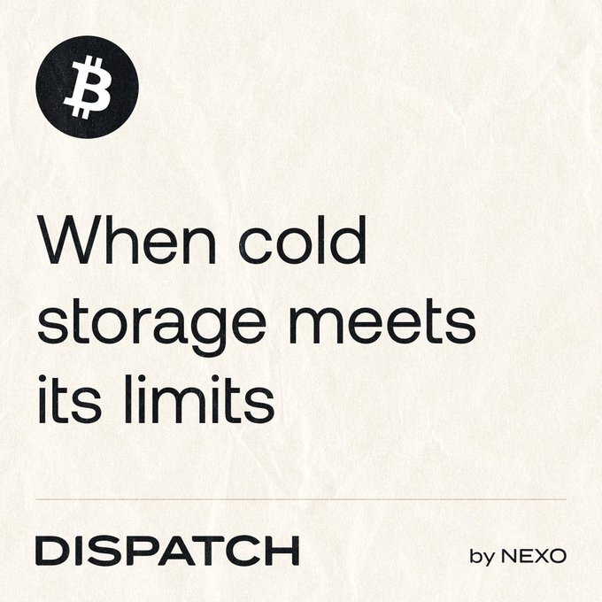 The image is a Dispatch cover graphic by NEXO featuring a Bitcoin logo and the text "When cold storage meets its limits," setting the stage for a report on a firmware vulnerability that compromised hardware wallets, leading to the theft of over $114 million in BTC from more than 5,200 addresses.