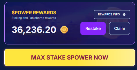 A digital interface displays '$POWER REWARDS' with an amount of 36,236.20, alongside buttons for 'Restake' and 'Claim', and a prominent yellow 'MAX STAKE $POWER NOW' button.
