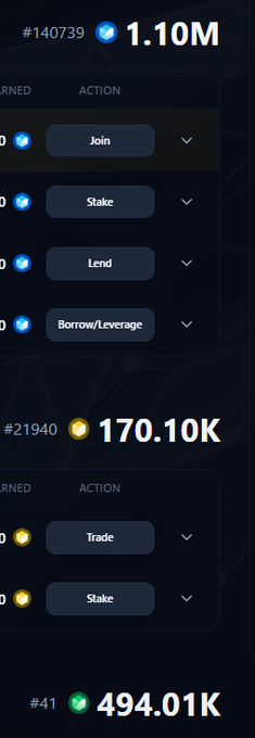 A dark-themed cryptocurrency app interface showing token rankings with values like #140739 at 1.10M, #21940 at 170.10K, and #41 at 494.01K, with action buttons for Join, Stake, Lend, Borrow/Leverage, and Trade.