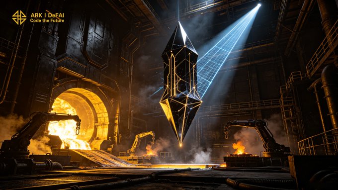 The image shows a massive diamond-shaped object with the Ethereum logo inscribed on it, suspended in an industrial forge setting with glowing molten metal and robotic arms surrounding it, branded with "ARK | DeFAI - Code the Future" in the top left corner. The imagery reinforces the post's message by symbolizing how Arkie AI App is forging Ethereum-based AI Agents into powerful, practical tools through community-driven innovation within the ARK ecosystem.