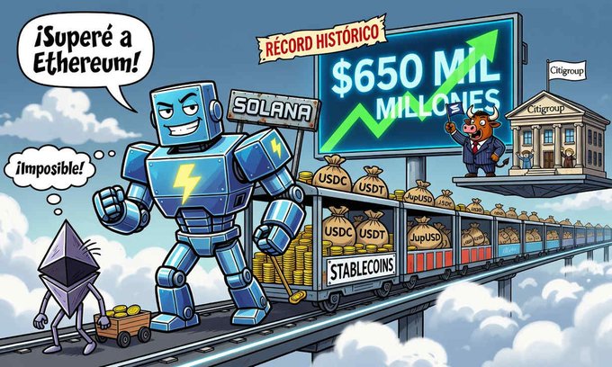 A cartoon illustration showing a Solana robot claiming '¡Superé a Ethereum!' while standing beside a train of stablecoins (USDC, USDT) with a billboard reading '$650 MIL MILLONES' and 'RÉCORD HISTÓRICO', with a small shocked Ethereum figure and a Citigroup building in the background.