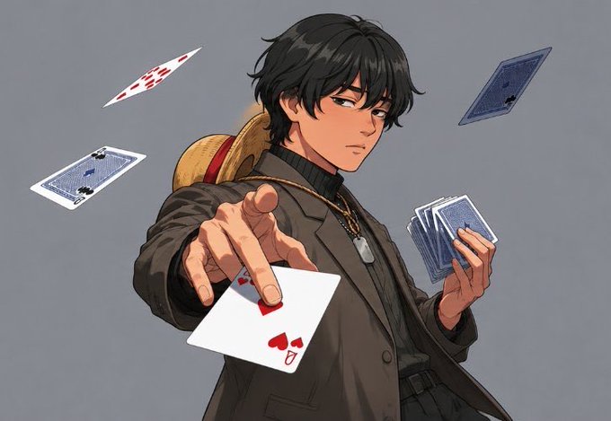 An anime-style illustration of a dark-haired man in a brown coat holding playing cards, with cards floating around him.