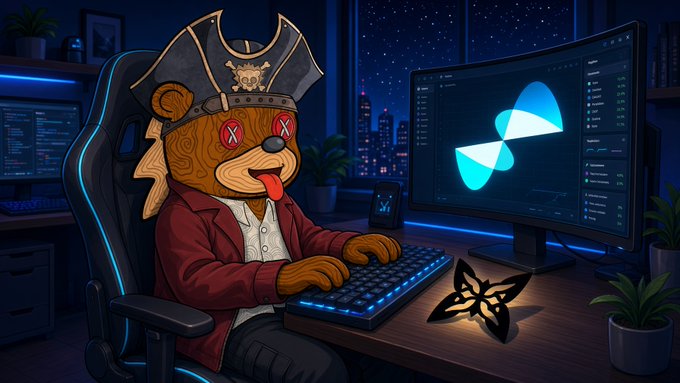 A cartoon illustration of a pirate-themed teddy bear character wearing a pirate hat and red coat, sitting at a computer desk with multiple monitors displaying cryptocurrency charts and logos.