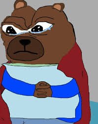 A cartoon illustration of a crying brown bear wearing a red cape and light blue shirt, holding a brown egg-shaped object while tears stream from its large eyes.