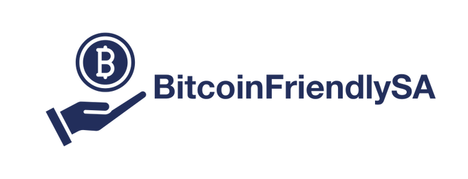 A logo for 'BitcoinFriendlySA' featuring a dark blue Bitcoin coin 'B' symbol resting above an open hand.
