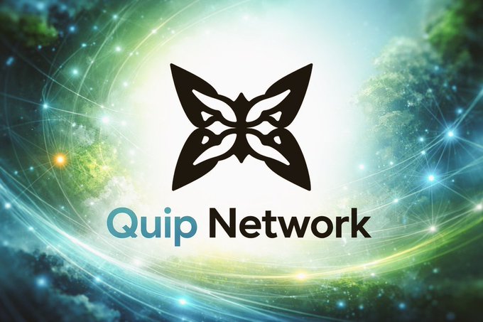 The image features a logo for Quip Network that includes a butterfly design with black outlines against a blue background. The text "quip network" is written below the butterfly, indicating the company's name or brand. The background of the image has a green color and appears to be filled with stars, creating an interesting visual effect. There are also some clouds in the sky above the butterfly logo.