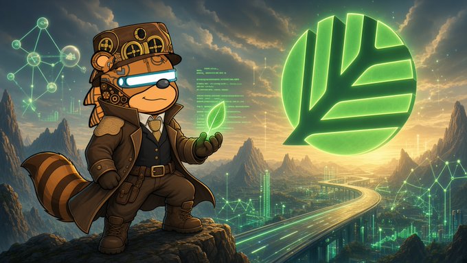 A stylized illustration of a steampunk-themed red panda character with goggles and gears, holding a glowing green leaf, set against a futuristic landscape with a large green leaf logo.