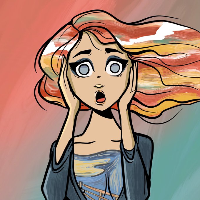 Stylized cartoon illustration of a woman with flowing multi-colored hair looking shocked, with hands on her face and an open mouth.