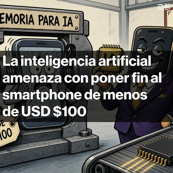 An illustration showing smartphones being crushed in a machine labeled 'MEMORIA PARA IA', with a cartoon character in a suit and Spanish text stating 'La inteligencia artificial amenaza con poner fin al smartphone de menos de USD $100'.