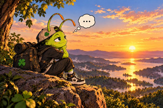 A cute 3D-style cartoon character with green alien-like antennae, wearing a camo hat and backpack, sits on a cliff edge with a thought bubble, overlooking a stunning golden sunset landscape with mountains and a lake.