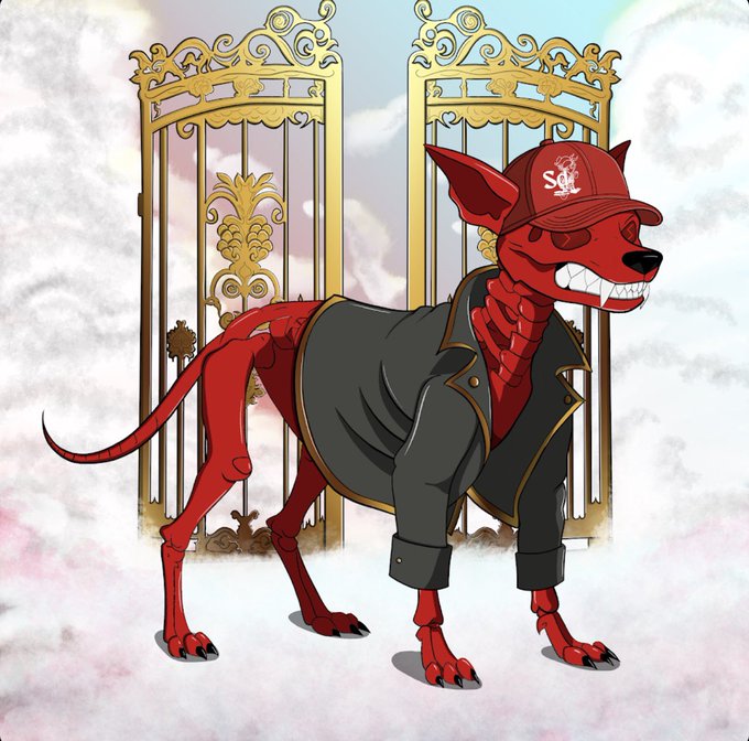 The image features a cartoon dog wearing a jacket, hat, and gloves while standing on a snowy surface with a gate behind him. The gate has an ornate design and gold accents, adding a touch of elegance to the scene. The caption below the image reads "Got blessed by a legend last night!! @Grid100X @DeadSDawgz something I’ve always wanted to get!!! Now my next nft buy will be some @SOLANADEADS grid your a real one for this much love homie".