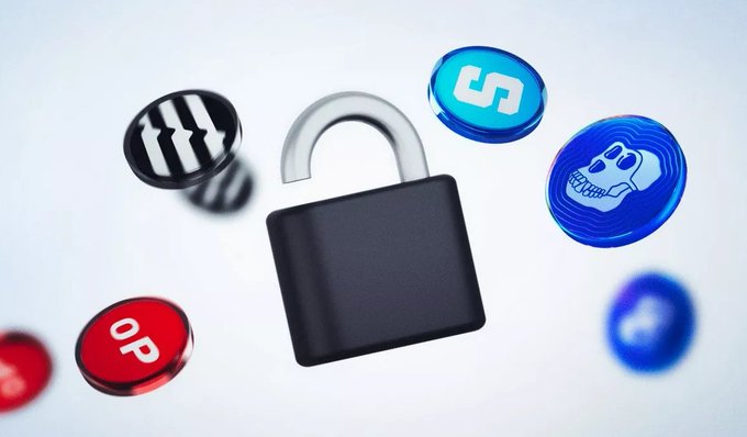 The image features a black lock with a silver keyhole, surrounded by various symbols including a red "OP" button, blue "S" buttons, and other symbols. The lock appears to be opened or about to be opened, indicating that it is ready for use. The text in the image suggests that these symbols are related to an upcoming event or release of a new token, possibly related to cryptocurrency.