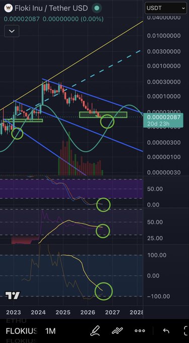 A TradingView chart of FLOKI/USDT (FLOKI Inu / Tether USD) on the 1M timeframe, currently priced at 0.00002087, featuring various technical analysis indicators with green circles marking key points across multiple oscillators.