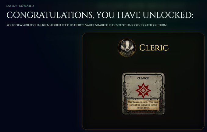 A game screen displaying 'DAILY REWARD - CONGRATULATIONS, YOU HAVE UNLOCKED:' the 'CLERIC' class with a 'CLEANSE' maintenance card.