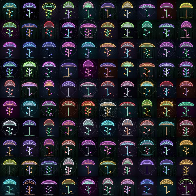 A grid of 100 colorful, neon-style mushroom icons with varying cap and stem designs, matching the playful aesthetic of the "Mnodes NFT" collection described as unique keys into the Mycelium network.