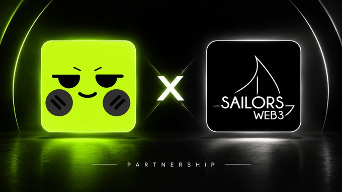 A dark, dramatic promotional graphic announces a partnership between two crypto projects, featuring a glowing neon-green square logo of "BoysMeetHood" — a smiling character with sunglasses and round cheeks — on the left, separated by a white "X" from the "SAILORS WEB3" logo (a sailboat icon) on the right, with the word "PARTNERSHIP" displayed below, aligning with the post's announcement of a collaboration with BoysMeetHood ahead of a launch on RobinhoodCrypto.