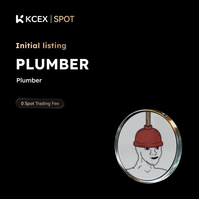 A promotional graphic for KCEX SPOT cryptocurrency exchange announcing the initial listing of 'PLUMBER' token with 0 Spot Trading Fee, featuring a Wojak-style meme character wearing a red plunger hat.