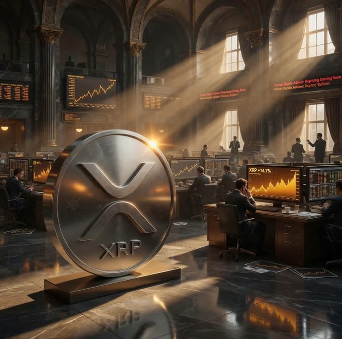 A large metallic XRP coin sits prominently in the foreground of a grand trading floor, where sunlight streams through tall windows onto rows of traders monitoring screens displaying upward-trending charts and news tickers including "XRP +14.7%" and "Former Ripple Adviser: Repricing Coming Soon." The image visually reinforces the post's claim of an imminent XRP repricing, with the oversized coin and bullish market data symbolizing the anticipated surge in value.