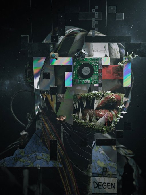 A dark, surreal digital collage artwork featuring a fragmented figure composed of circuit boards, holographic squares, images of Venus flytraps with sharp teeth, and a 'DEGEN' license plate.