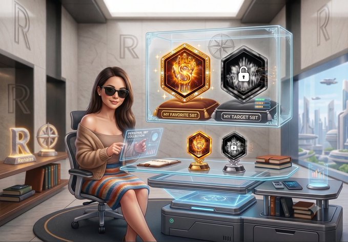AI-generated illustration of a woman in sunglasses holding a 'PERSONAL SBT COLLECTION' card, seated next to a holographic display showing 'MY FAVORITE SBT' and 'MY TARGET SBT' badges in a futuristic room.