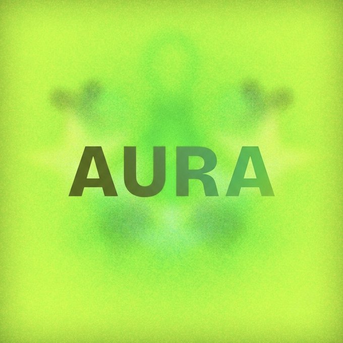 A bright green graphic with the word 'AURA' in bold dark green letters, featuring a faint blurry figure or shape behind the text.