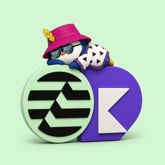 A 3D rendered illustration of a cute penguin character wearing a pink hat with a yellow feather and sunglasses, resting on top of purple and mint green coin-like tokens with geometric symbols.