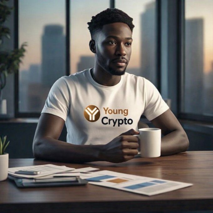 A young man wearing a white t-shirt with a 'Young Crypto' logo sits at a desk holding a white mug, with financial documents in front of him and a city skyline visible through the window behind.