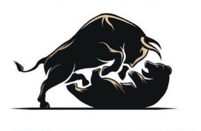 Stylized black silhouette illustration of a bull wrestling with a bear, a classic representation of stock market bulls and bears.