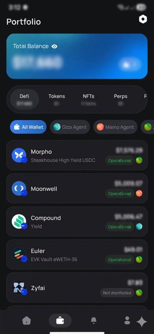 The image shows a smartphone screen displaying various cryptocurrency transactions and balances for different cryptocurrencies such as @Zytimati, @Morpho, @MoonwellDeFi, and others. The screen also has a list of cryptocurrency exchanges like @Morpho, @MoonwellDeFi, and @Zytimati, along with their respective balances. The post suggests that the user should focus on risk-adjusted yield rather than total balance when analyzing capital flows across protocols in the crypto world.
