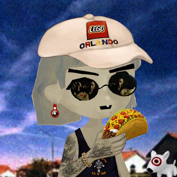 A stylized digital illustration of a cartoon character wearing a LEGO Orlando cap and sunglasses, holding a taco, with a small white dog (Bullseye) nearby.