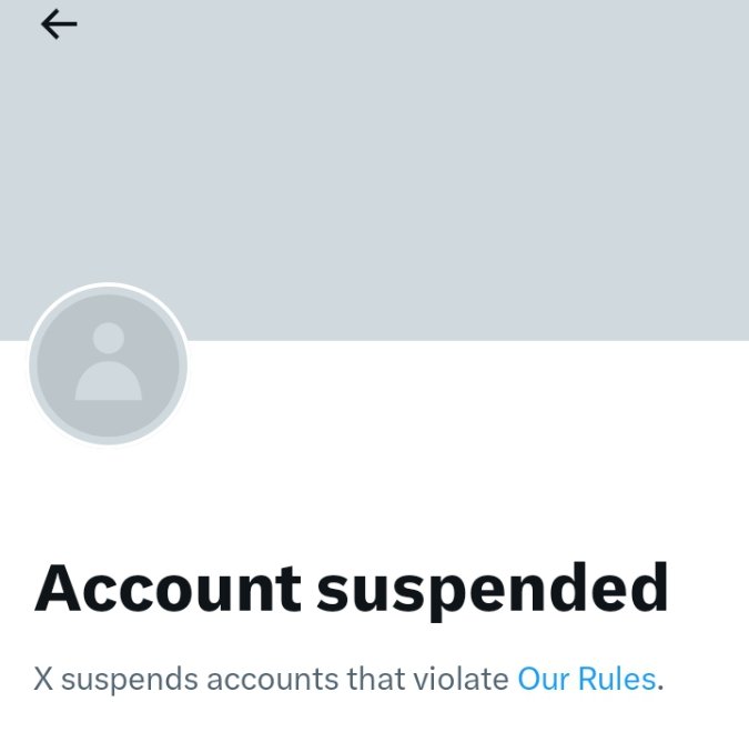 The image shows an account suspended by the platform, which has been labeled as "X suspends accounts that violate Our Rules" in a message box. The suspended account was created by Wallchain users who violated the platform's rules. The post also mentions that the creators were already warming up for good things to come.