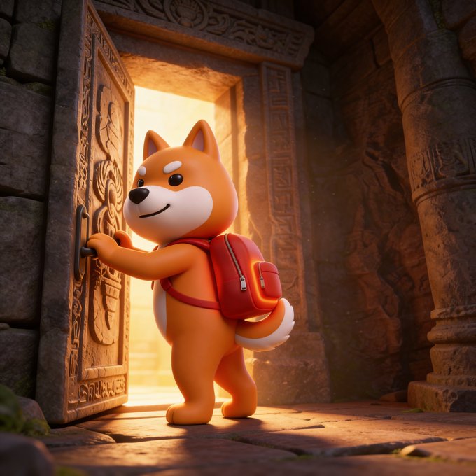 A 3D-rendered cartoon Shiba Inu dog wearing a red backpack stands at an ornate stone doorway glowing with light.