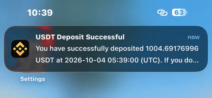 An iPhone notification banner displays 'USDT Deposit Successful' indicating a deposit of '1004.69176996 USDT at 2026-10-04 05:39:00 (UTC)' from Binance.