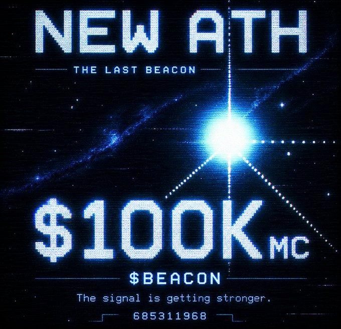 A pixelated, retro-style digital graphic displaying 'NEW ATH THE LAST BEACON', '$100K MC', and '$BEACON' with the tagline 'The signal is getting stronger.' and the number '685311968', set against a dark starry background with a bright central light burst.