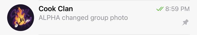A Discord notification showing that 'Cook Clan' has been updated with the message 'ALPHA changed group photo' at 8:59 PM, featuring a flame emoji as the group icon.