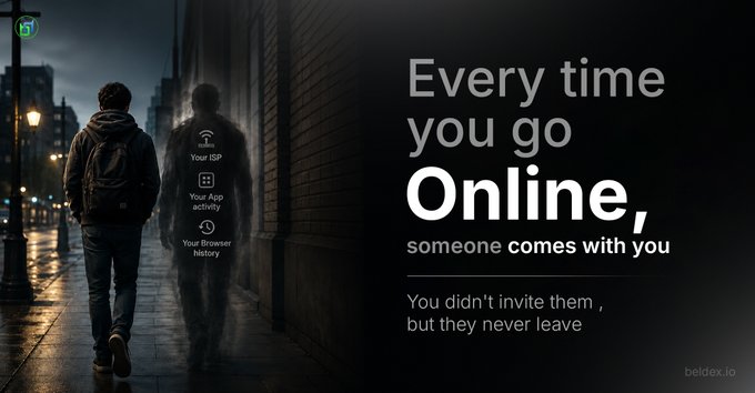 A digital privacy advertisement features a person walking down a dark street with a translucent shadow figure labeled 'Your ISP, Your App activity, Your browser history' alongside the text 'Every time you go Online, someone comes with you' and 'beldex.io'.