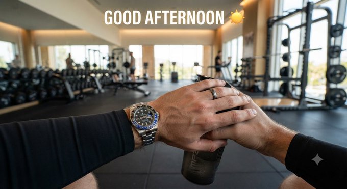 A person in a gym holding a shaker bottle, showing a wristwatch with a blue and black bezel, with the text "GOOD AFTERNOON ☀️" displayed at the top.