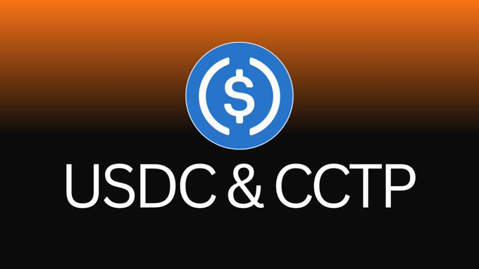 A blue USDC (USD Coin) logo appears above the text 'USDC & CCTP' on a dark background with an orange gradient at the top.